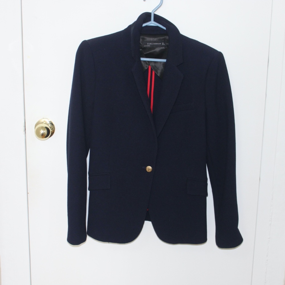 Zara Navy Blue Waffle Style Fitted Blazer Size Large
